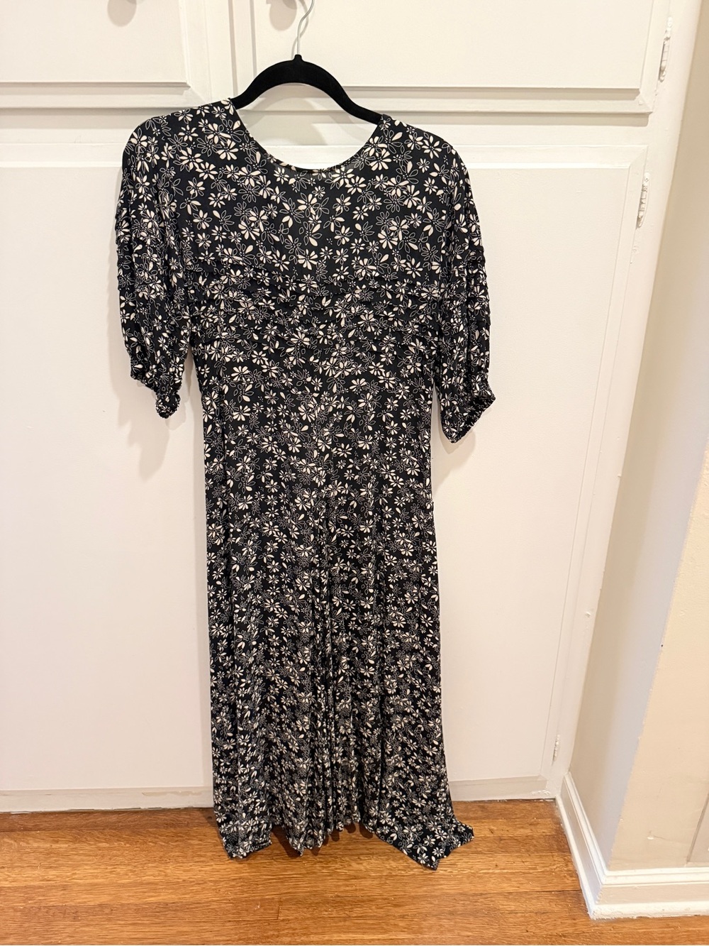 Free People Black & White Floral Midi Dress with Puff Sleeves